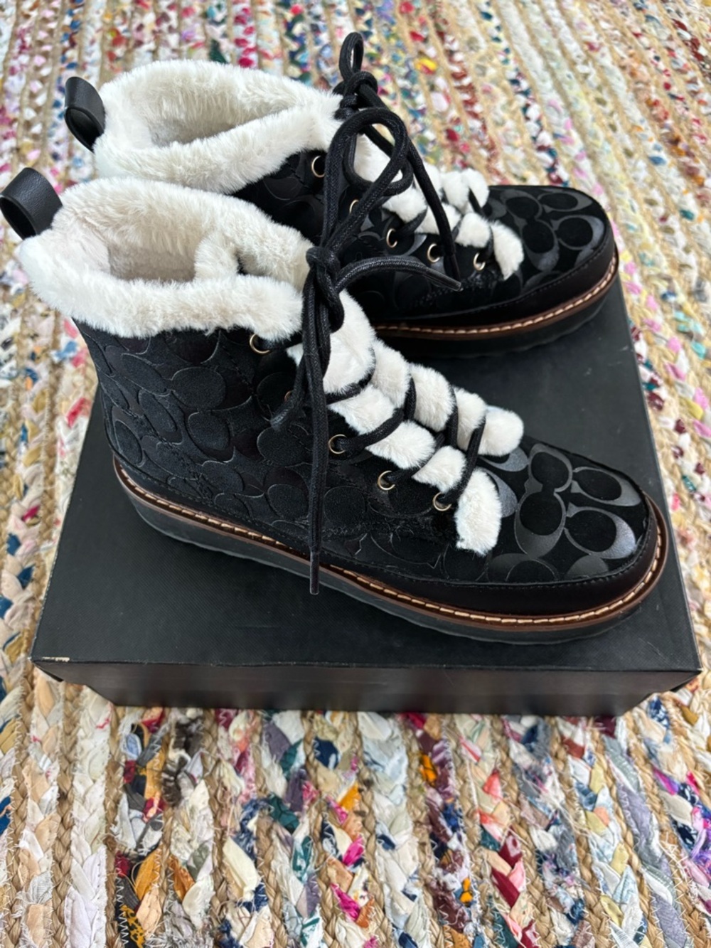 Coach Imani Black Signature Faux-Fur Trim Ankle Boots - Picture 2 of 5